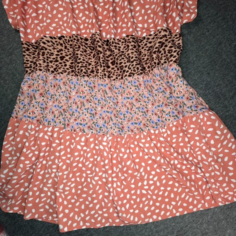 Umgee Mixed Print Tiered Babydoll Dress XL Coral Boho Floral Leopard Mini Animal - Picture 9 of 9